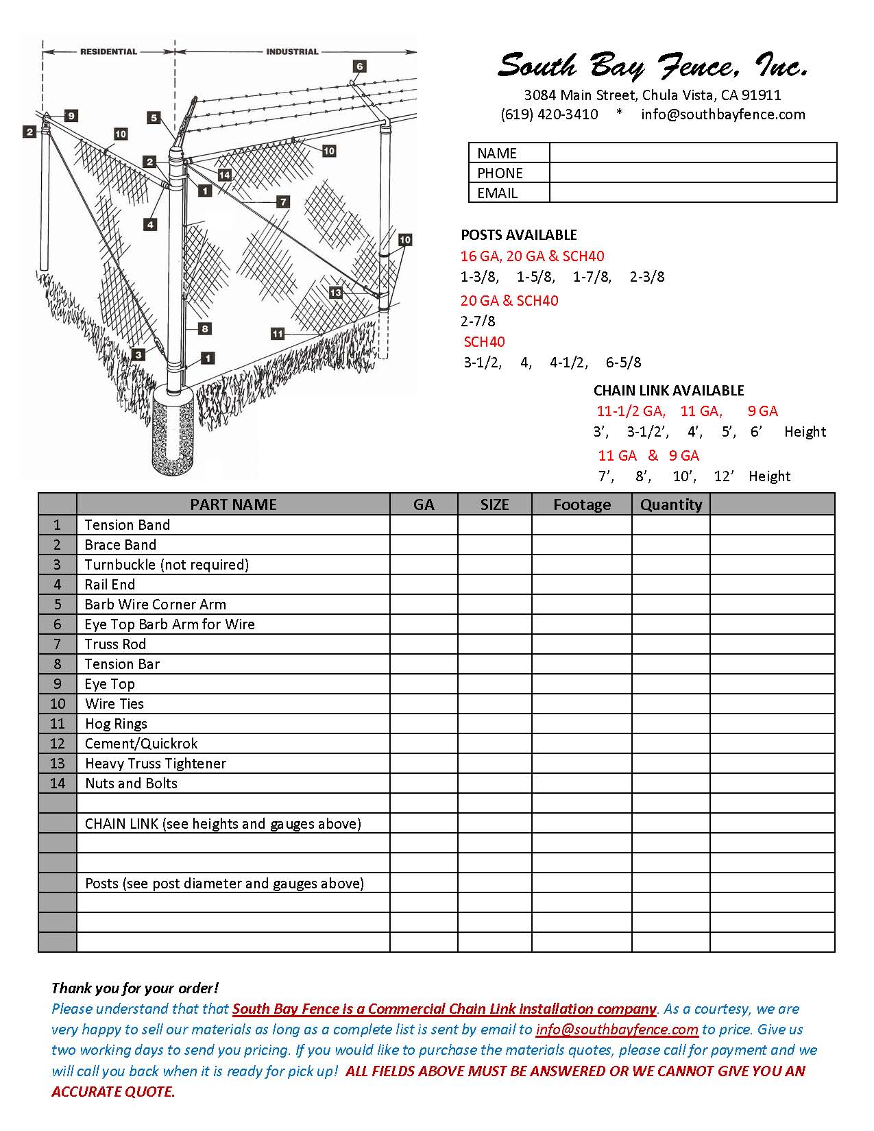 South Bay Fence Materials Quote Sheet