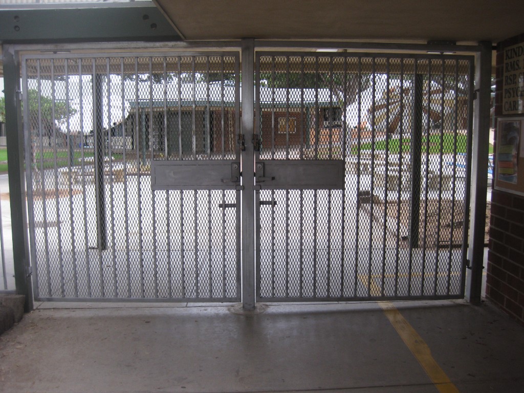 Iron gate with panic hardware outside view